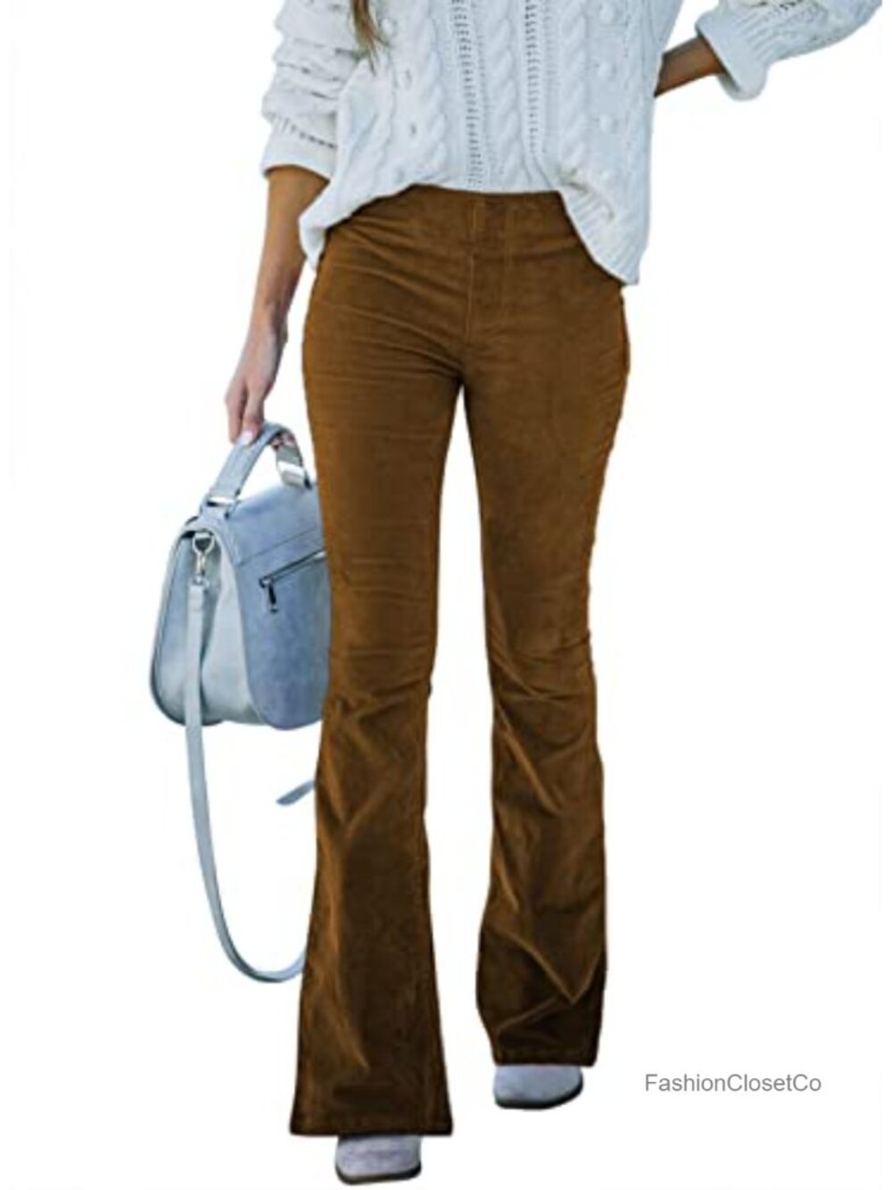 Sidefeel Flare Corduroy Pants High Rise Elastic Waist Viscose Trousers